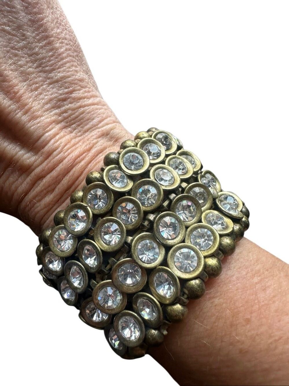 Boho Antiqued Bronze Clear Rhinestone Statement Stretch Cuff